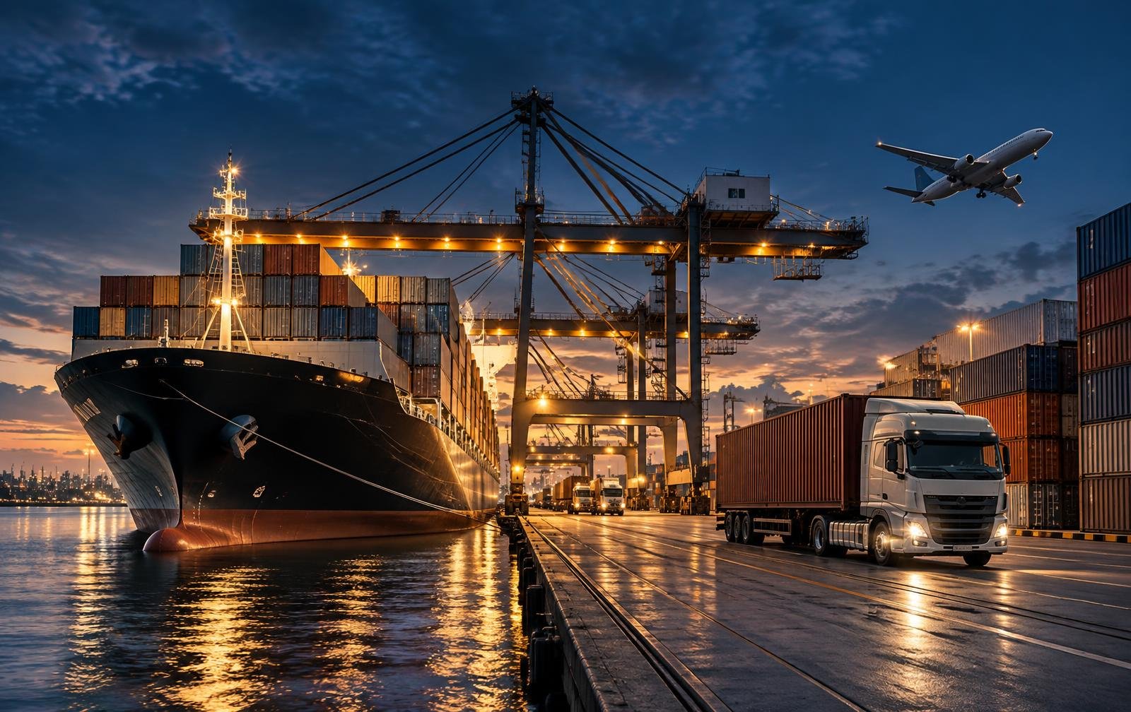 Cargo ship, truck and aircraft at an international transport hub